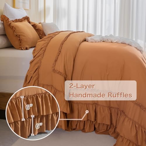 Masaca Pumpkin Oversized King Comforter 128x120,Farmhouse Shabby Boho Chic Ruffled Bedding Comforter Set,3 Pieces Fluffy Brown Orange Ruffle Extra Large King Comforter Set Ultra Soft