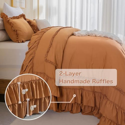 Masaca Pumpkin Oversized King Comforter 128x120,Farmhouse Shabby Boho Chic Ruffled Bedding Comforter Set,3 Pieces Fluffy Brown Orange Ruffle Extra Large King Comforter Set Ultra Soft