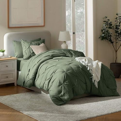 Nestl 7 Piece Twin Comforter Set – Olive Green Pinch Pleated Bed in a Bag – Complete Twin Size Bedding Set with Sheets, Set of 2 Cooling Pillows, Pillowcase and Sham