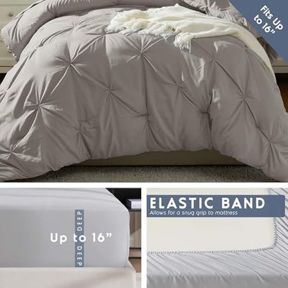 Nestl 7 Piece Twin Comforter Set – Linen Pinch Pleated Bed in a Bag – Complete Twin Size Bedding Set with Sheets, Set of 2 Cooling Pillows, Pillowcase and Sham