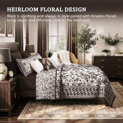 FLYMME Brown and White Vintage Floral Quilt Set King/Cal King Size, 3-Piece Classic Reversible Bedspread Coverlet with 2 Pillow Shams, Lightweight Botanical Bedding Set for All Season