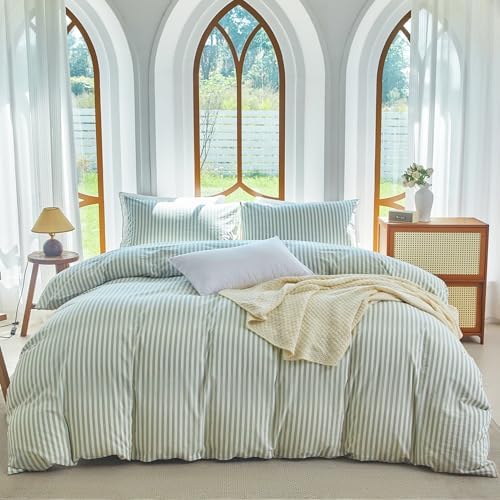 Sage Green Striped Duvet Cover Set King 100% Washed Cotton Linen Feel