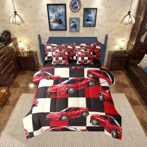 Erosebridal Red Racing Car Full Bed in A Bag for Boys, Cool Speed Race Car Comforter Set with Sheets for Kids Youth Men Teens, Extreme Sport 7 Pcs Bedding Set, Grid Buffalo Bed Sets
