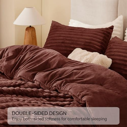 BEDELITE Fleece Queen Comforter Set, Fluffy Bed Set, Hot Chotolate