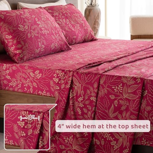 QSH Floral Queen Size Sheet Sets - 100% Egyptian Cotton Sheets Elegant Red Flower Pattern Botanical Printed Bedding Sheets Queen Size Bed Extra Soft and Breathable 4pcs Deep Pockets Bed Sheets