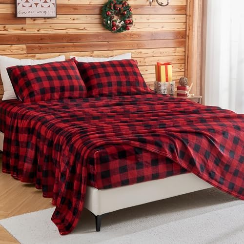 BEDELITE Plaid Flannel Sheet Set, Queen Size, Red and Black, 4 Pieces