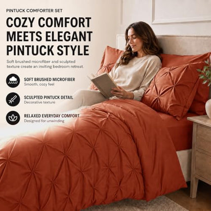 HIMEET Queen Comforter Set Burnt Orange - 7 Pieces Pintuck Bed in a Bag