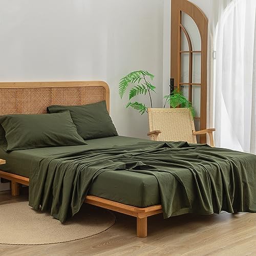 BESTOUCH Twin Washed Cotton Linen Feel Sheet Set 3pc Solid Olive Green
