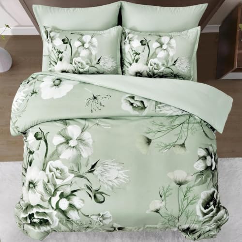 Luxudecor Floral Comforter Set King Size 7 Piece, Sage Green Flower Bed in a Bag, Elegant Floral Comforter Bed Set with Sheet Set, Soft Microfiber Bedding Set for All Season (104"x90")