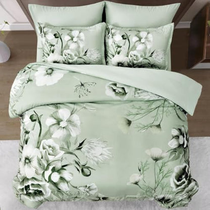 Luxudecor Floral Comforter Set King Size 7 Piece, Sage Green Flower Bed in a Bag, Elegant Floral Comforter Bed Set with Sheet Set, Soft Microfiber Bedding Set for All Season (104"x90")