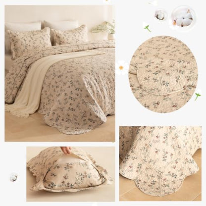 Lady Ann Cotton Quilt Twin Size(68"x86"), Cottagecore Wild Floral Quilted Bedspread, Lightweight Farmhouse Bedding Set （1 Coverlet and 1 Scalloped Edge Pillow Sham