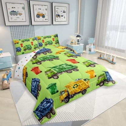 Erosebridal Boys Garbage Trucks King Comforter Set, Trash Truck Bedding Set, Cartoon Car Comforter for Teens Men Kids Room Decor, Colourful Trash Cans Green Quilt with 2 Pillowcases, 3 Piece
