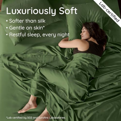 Bambaw 100% Viscose Derived from Bamboo Sheets Queen Size Set – 4pcs Cooling Sheet Set, Super Soft Sheets Queen Size, Luxury Bedding, Deep Pocket Fits Up to 16'' Mattresses (Olive)