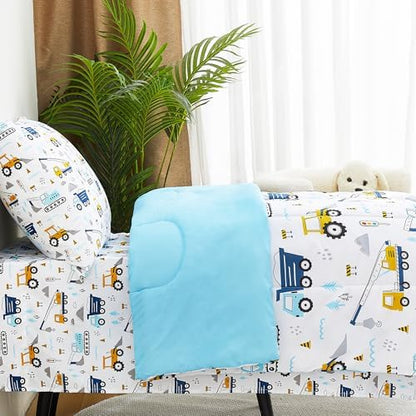Lasoftan Cars Toddler Bedding Set, 4-Piece Bed-in-a-Bag Comforter Set for Boys, Construction Truck Bedding, Machine Washable