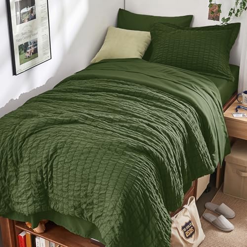 HYMOKEGE Olive Green Twin XL Comforter Set Seersucker 5 Pieces, All Season Luxury Bed in a Bag for Bedroom, Bedding Set with Comforter, Sheets, Pillowcase & Sham