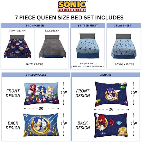 Franco Sonic The Hedgehog Anime Kids Bedding Super Soft Comforter and Sheet Set with Sham, 7 Piece Queen Size, (Official Licensed Product)