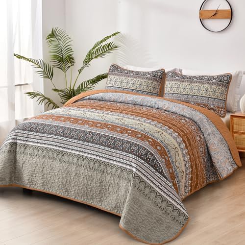WONGS BEDDING Boho Queen Quilt Bedding Set, 3 Pieces Bedspread, Brown Grey