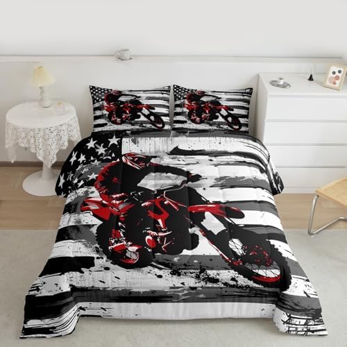 Feelyou Motocross Kids Comforter Set King American Flag Pattern Bedding Set Dirt Bike Duvet Quilt for Kids Boys Girls Bedroom Black and White Stripes Decor Motorbike Microfiber Soft Breathable