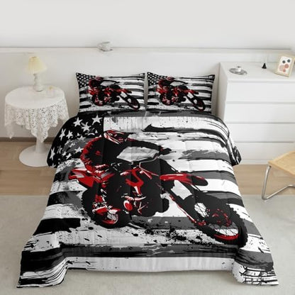 Feelyou Motocross Kids Comforter Set King American Flag Pattern Bedding Set Dirt Bike Duvet Quilt for Kids Boys Girls Bedroom Black and White Stripes Decor Motorbike Microfiber Soft Breathable