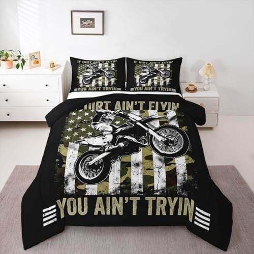 Feelyou Camo American Flag Motocross Bedding Set Soft Lightweight Dirt Bike Comforter Set Toddler Vintage Print Duvet Quilt Extreme Sport Room Decor Motocross Themed 2 Pcs with 1 Pillow Cases