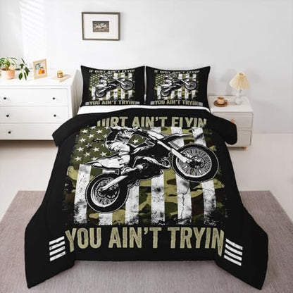 Feelyou Camo American Flag Motocross Bedding Set Soft Lightweight Dirt Bike Comforter Set Toddler Vintage Print Duvet Quilt Extreme Sport Room Decor Motocross Themed 2 Pcs with 1 Pillow Cases