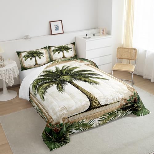 Homewish Coconut Tree Bedding Set Full Size,Tropical Plants Comforter Set 3Pcs for Kids Girls Boys Teens Room Decor,Rustic Vintage Brown Quilt Set Coastal Beach Duvet Insert,2 Pillowcases