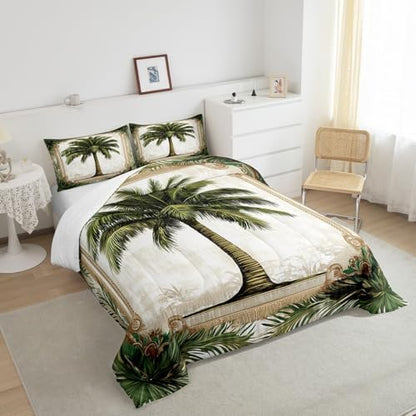 Homewish Coconut Tree Bedding Set Full Size,Tropical Plants Comforter Set 3Pcs for Kids Girls Boys Teens Room Decor,Rustic Vintage Brown Quilt Set Coastal Beach Duvet Insert,2 Pillowcases