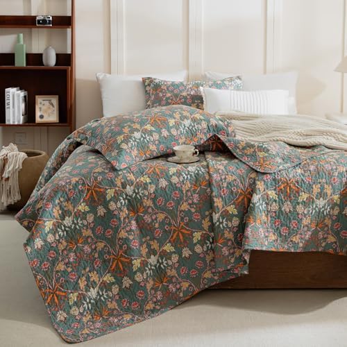 Lady Ann 100% Cotton Floral Quilt Sets Queen - Vibrant Paisley Flowers Pattern Plant Botanical Printed Quilted Bedspread & Coverlet Set, 3 PCS Lightweight Extra Soft Queen Bedding Sets All Season