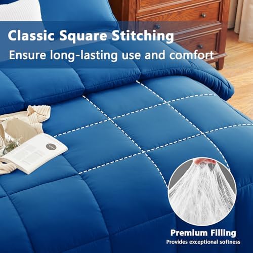 CozyLux Oversized Queen Comforter Set, 3-Piece Box-Stitched, Classic Blue