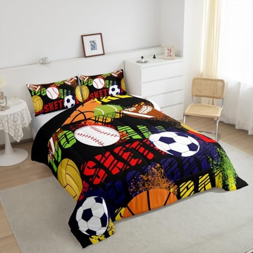 Ball Sports Games Bedding Set Twin Size Football Basketball Rugby Comforter for Child Teens Boys Colorful Tie Dye Graffiti Down Comforter Bedroom Decor Geometric Duvet Insert with 1 Pillowcase