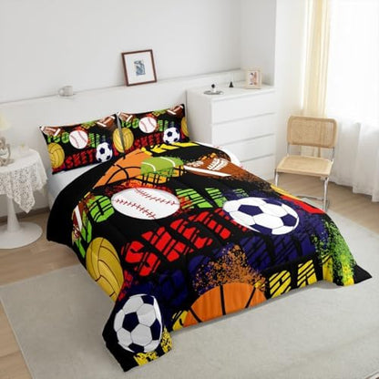 Ball Sports Games Bedding Set Toddler Size Football Basketball Rugby Comforter for Child Teens Boys Colorful Tie Dye Graffiti Down Comforter Bedroom Decor Geometric Duvet Insert with 1 Pillowcase