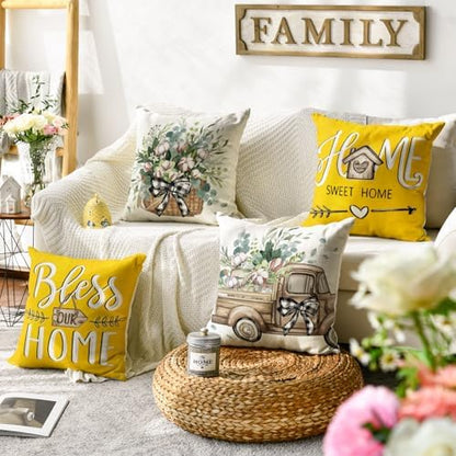 AVOIN colorlife Bless Our Home Farmhouse Eucalyptus Leaves Throw Pillow Covers, 20 x 20 Inch Yellow Truck Home Sweet Cushion Case Decorations Set of 4