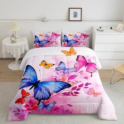 Blue Butterfly Comforter Set Full for Girls Pink Tie-Dye Bedding Rustic Garden Theme Bedding Comforter Set Colorful Butterfly Print Duvet Insert Dream Themed Quilt for Boys Teen Kids Flowers Bedding