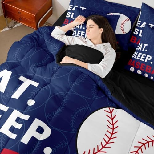 Erosebridal Kids Baseball Games Navy Blue Full Comforter Set 7 Pieces | Softball Sports Gaming Bed in A Bag for Bedroom White Red Bedding Set with Comforters Boys Girls Teens Room Decor