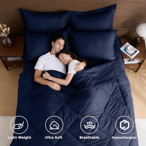 HEVUMYI 7-Piece Full Comforter Set, Navy Bed in a Bag