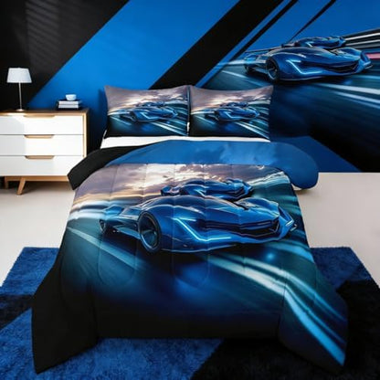 Erosebridal King Size Comforter Set for Boys Race Car Bedding Bedroom Decor, Sports Car for Boys Girls Teen Kids Children Car Racing Gifts, Race Cars Bed Set,Blue Black