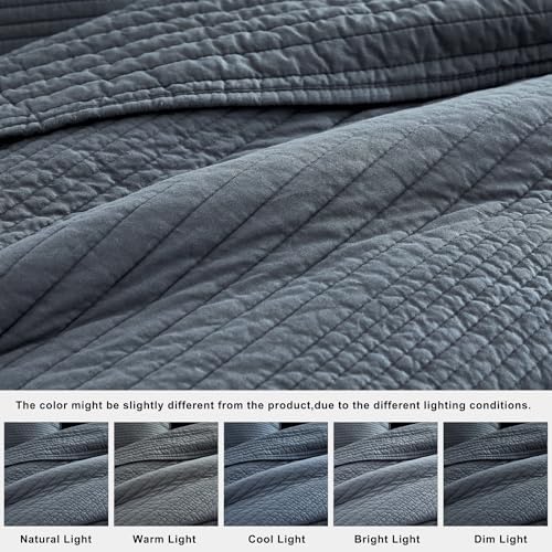 palassio Striped Blue Grey 100% Cotton Quilt Twin Size Bedding Sets, Lightweight Crinkly Channel Pick Stitch Textured Bedspread Soft Shabby Chic Farmhouse Country Coverlet for All Season, 1 Sham