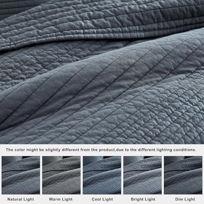 palassio Striped Blue Grey 100% Cotton Quilt Twin Size Bedding Sets, Lightweight Crinkly Channel Pick Stitch Textured Bedspread Soft Shabby Chic Farmhouse Country Coverlet for All Season, 1 Sham