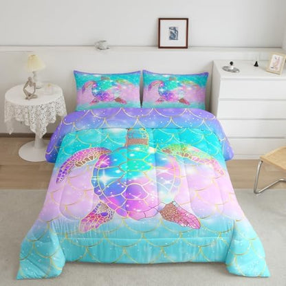 Erosebridal Mermaid Scales Comforter Set for Girls, Tortoise Reptile Bedding Set Queen Size, Sea Turtle Ocean Life Duvet Sets for Kids Children Boys Women, Sweet Girly Down Comforter, Teal Blue