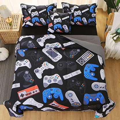 JQinHome Full Gamer Comforter Set for Boys,6 Piece Bed in A Bag 3D Video Game Bedding -All Season Soft Microfiber Down Alternative Comforter Gamer Bedding Sets for Kids(Gamepad Collection)