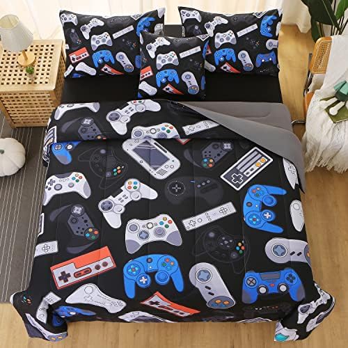 JQinHome Queen Gamer Comforter Set for Boys,6 Piece Bed in A Bag 3D Video Game Bedding -All Season Soft Microfiber Down Alternative Comforter Gamer Bedding Sets for Kids(Gamepad Collection)