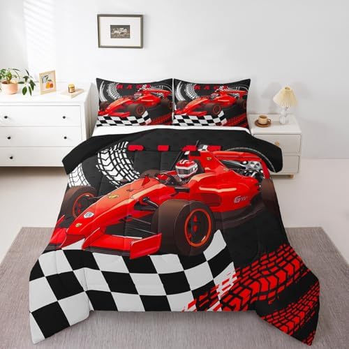 Go Kart Toddler Race Car Bed for Boys,Black and White Buffalo Checkered Drift Kart Queen Comforter Set Toddler Bedding Set,Square Grid Plaid Lattice Quilt,Red Karting Extreme Sport Duvet Insert