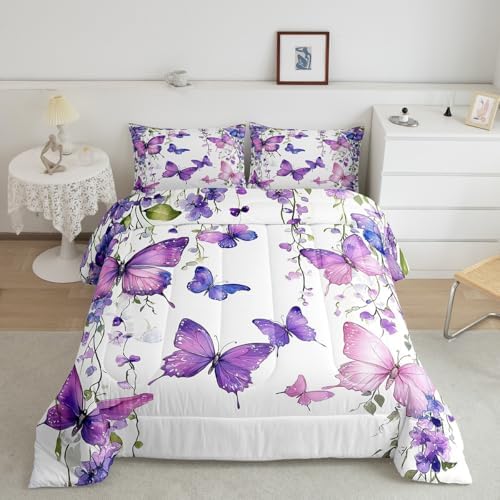 jejeloiu Purple Butterfly Comforter Set Queen Size Kids Floral Flower Bedding Set for Boys Girls Teens Lavender Duvet Breathable Spring Quilt Bedroom Decor,1 Comforter with 2 Pillowcase