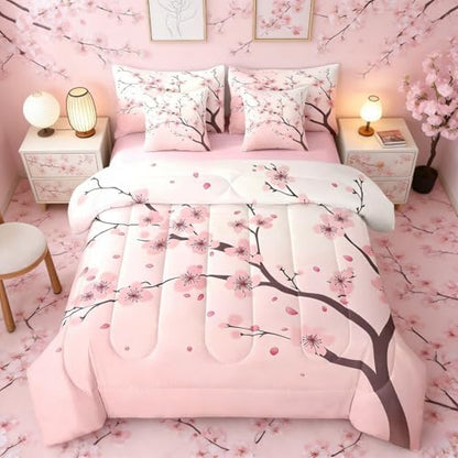 Erosebridal Cherry Blossoms Full Size Comforter Set, Girl Pink Floral 7-Piece Bed in A Bag, Japanese Spring Sheets and Pillowcases, Petal Branch Girly Romantic Bedding Set Room Decor