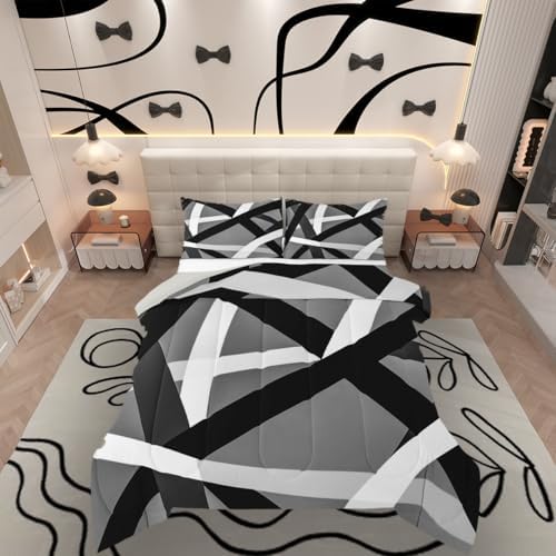 jejeloiu Black Gray Bedding Set Soft for Boys Girls, Geometric Comforter Set Twin Size Stripe Line Duvet Quilt Microfiber Modern Abstract Bedroom Decor 2 Pcs with 1 Pillow Cases