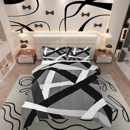 jejeloiu Black Gray Bedding Set Soft for Boys Girls, Geometric Comforter Set Twin Size Stripe Line Duvet Quilt Microfiber Modern Abstract Bedroom Decor 2 Pcs with 1 Pillow Cases