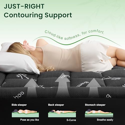 Love's cabin Queen Mattress Topper Viscose Derived from Bamboo, Thick Pillow Top Mattress Pad with Stretchable Pockets for 8"-20" Mattress, Breathable Cooling Mattress Topper for Hot Sleepers, Black