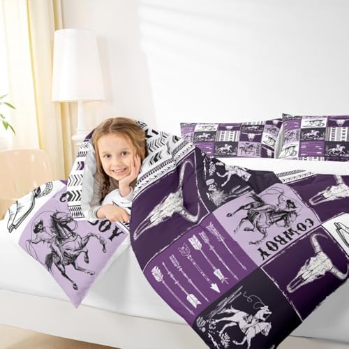 Manfei Cowboy Comforter Set Twin Size, Horse Bull Skull Cowboy Boots Hat Bedding Set 2pcs, Kids Boys Teens Bedroom Decor, Boho Purple Lattice Patchwork Down Comforter Western Quilt Set, 1 Pillowcase