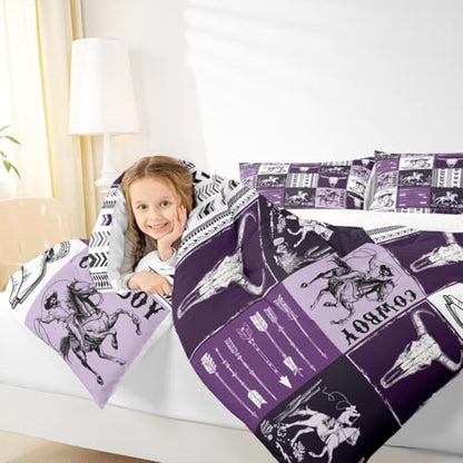 Manfei Cowboy Comforter Set Twin Size, Horse Bull Skull Cowboy Boots Hat Bedding Set 2pcs, Kids Boys Teens Bedroom Decor, Boho Purple Lattice Patchwork Down Comforter Western Quilt Set, 1 Pillowcase