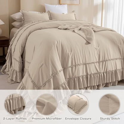 Masaca Oversized King Comforter 128x120,Farmhouse Shabby Boho Chic Ruffled Bedding Comforter Set,Extra Large King Size Ruffle Comforter Sets Vintage French Country Bedding Set Ultra Soft
